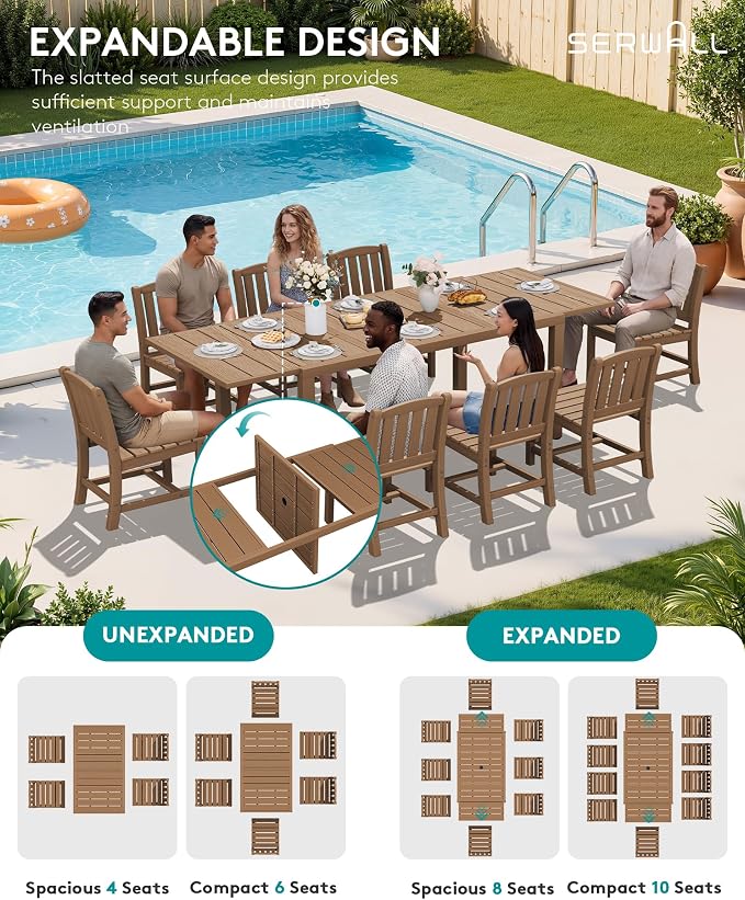 SERWALL Outdoor Patio Dining Set for 6, Brown | 60" - 83" Expandable Outdoor Dining Table and 6 HDPE Chairs, All Weather Material Outdoor Furniture Set Backyard, Garden