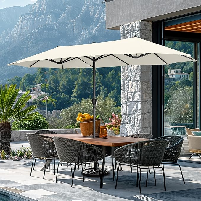 GREEN PARTY 13ft Rectangle Patio Umbrella, Double Sided Outdoor Table Umbrella with Crank & 1.5" Pole, Large Market Umbrella for Poolside Garden Deck Backyard, Ivory
