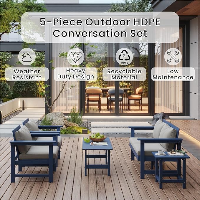 5-Piece Patio Conversation Sets, Weatherproof HDPE Sectional Furniture Set with Cushions, Outdoor Sofa Set for for Porch, Balcony, Deck, Lawn (Navy Blue)