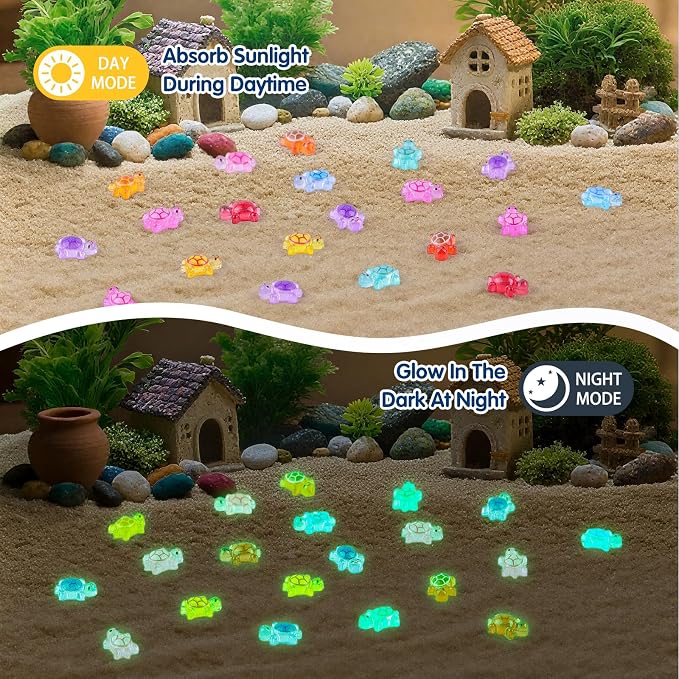 200 Pcs Mini Resin Turtle with 1 Pc Jumbo Resin Turtles, Luminous Miniature Tiny Turtles Glow in The Dark for Fairy Garden Dollhouse Micro Landscaping