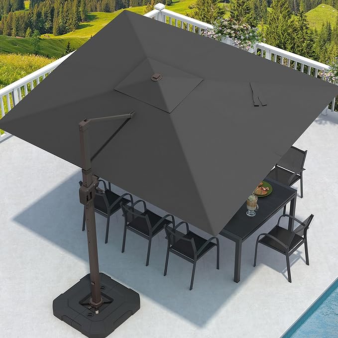 9' X 12' Cantilever Patio Umbrella with Base Included Rectangular Outdoor Large Offset Umbrellas with 7 Tilts Adjustable 360°Rotation for Deck Pool Garden Backyard, Grey