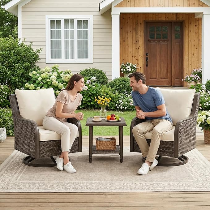 Swivel PE Wicker Chair, Outdoor Patio Chair with 360° Rotation & Water-Resistant Cushion for Porch, Deck, Balcony – All-Weather Handwoven Design (Beige, 2 -PCS)