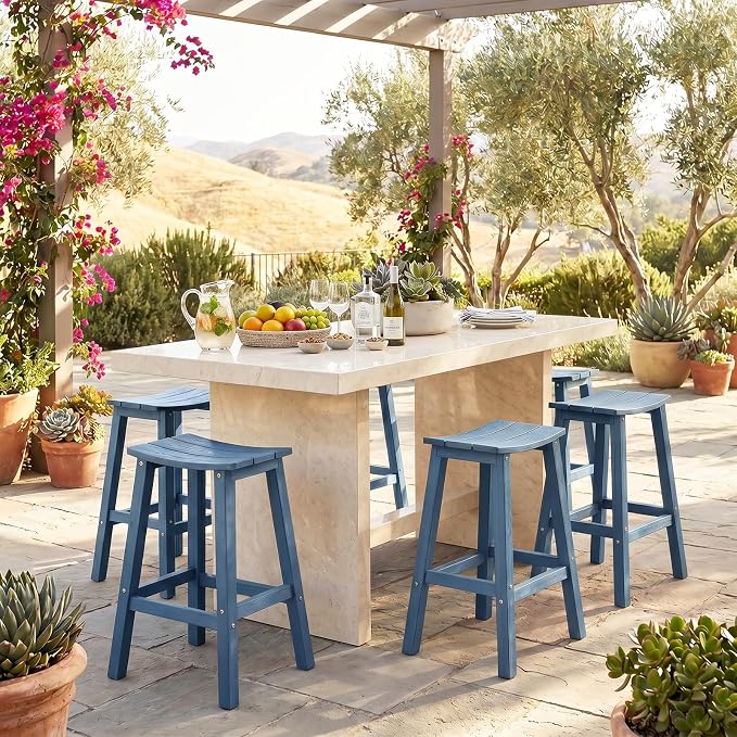 Stoog All-Weather Bar Stools Set of 4, 28" Outdoor Patio Barstools, Low Maintenance HIPS Furniture, Never Rots or Fades, for Kitchen Counter, Deck & Garden, Blue