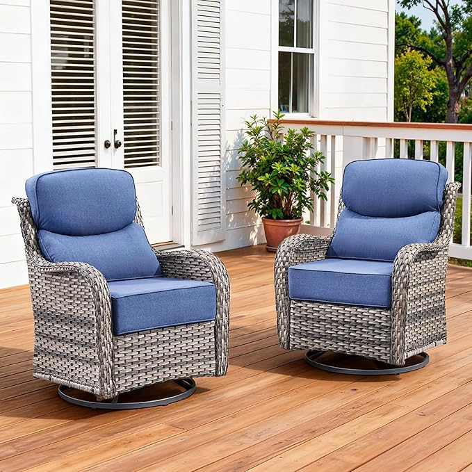 Luxury Outdoor Swivel Rocker Patio Chairs Set of 2 with 6-Inch Thick Cushions, High Back Swivel Patio Chairs Wicker Outdoor Gliders for Porch, Yard, Deck, Poolside, Grey/Blue