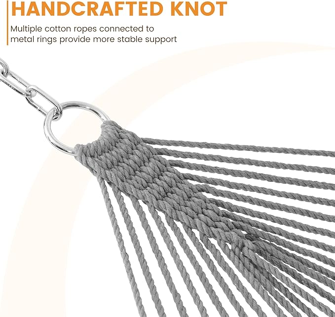 Lazy Daze Hammocks 12FT Double Rope Hammocks, 2 Person Hand Woven Cotton Hammock with Spreader Bar, Carabiner, Tree Strap, Chain for Outside, FIT 13-15 FT Stand, Max 450 Lbs, Light Grey