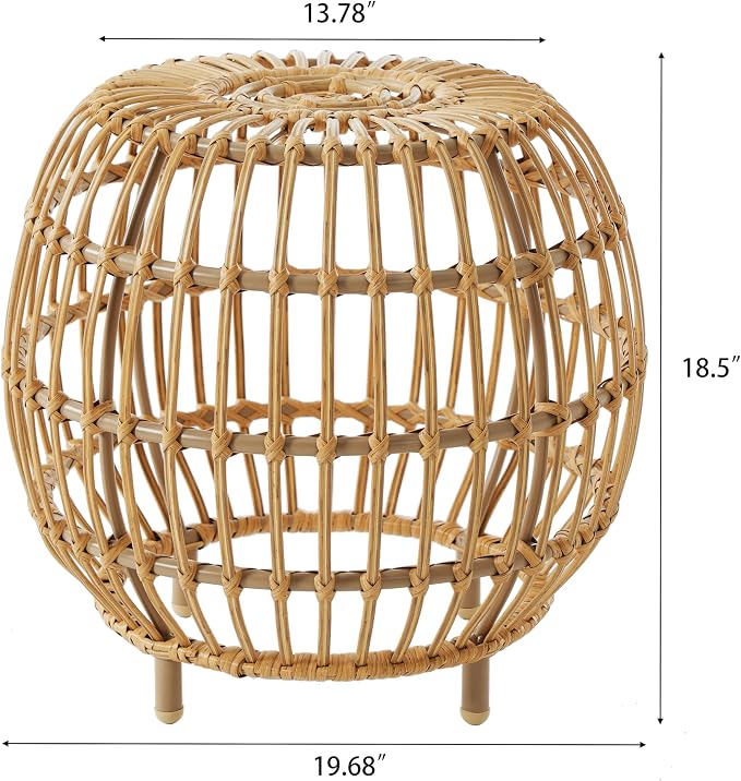 Round Rattan Side Table, Boho Rattan End Table Outdoor Round Wicker Side Table, All-Weather and Rust Resistant for Living Room Patio, Poolside, Garden, Yard