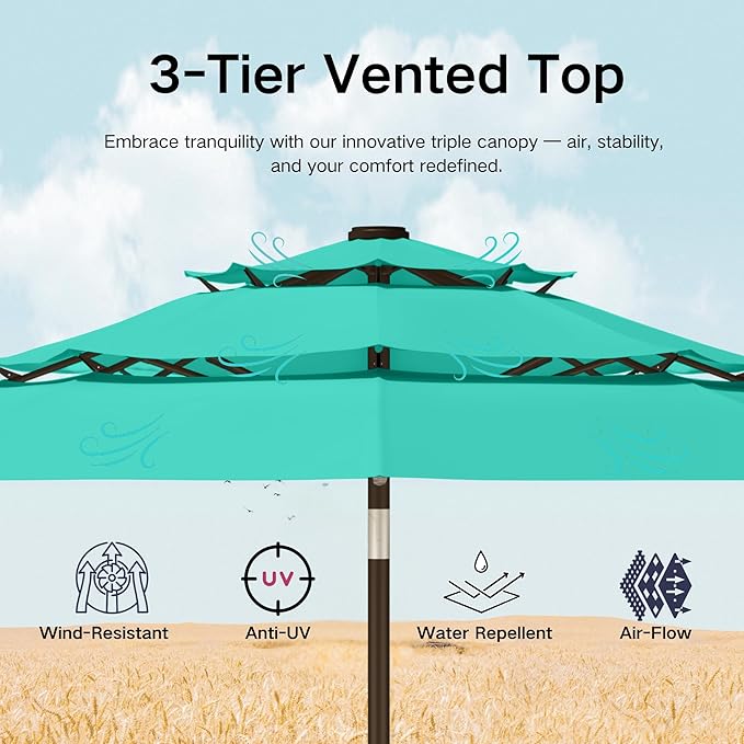 Kingdura 9ft 3-Tier Patio Umbrella with Solar Lights, Table Umbrella Outdoor Patio with Easy Crank & Tilt, 8 Sturdy Ribs, UV Protection, 32 LED Lights for Deck, Poolside, Market (Tiffany blue)