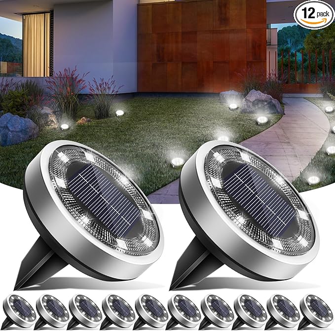 vighep Solar Ground Lights,12 Pack Flat Solar Lights Outdoor Waterproof, Bright LED Solar Disc Lights, 6000K Cool White Landscape Lighting for Outside Yard Garden Pathway Driveway Lawn