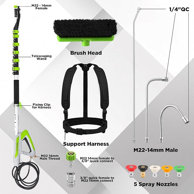 FIXFANS 21 FT Telescoping Pressure Washer Wand with Brush, 4000 PSI Telescopic Power Washer Extension Wand, 3 Gutter Cleaner Curved Rods, 5 Nozzle Tips, 2 Hose Adapters and Support Belt