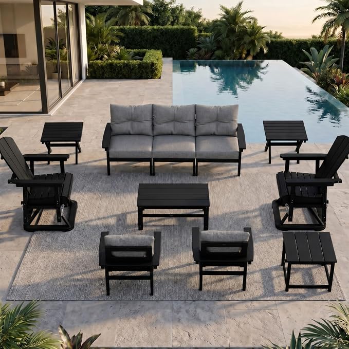 HDPE Outdoor Patio Furniture Set, 11-Piece Sectional Set with 3-Seat Sofa, 4 Armchairs & 4 Tables, All-Weather Couch with Grey Washable Cushions for Porch (Black Frame)