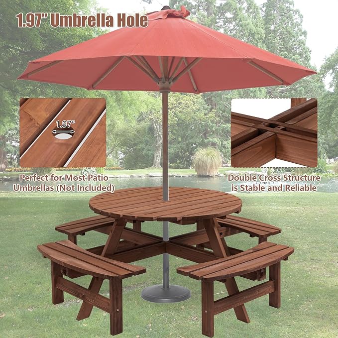 HRVEOCEI 8-Person Round Picnic Table with 4 Built-in Benches & Umbrella Hole, Wooden Picnic Tables for Outdoors, Patio, Backyard, Garden, 70"X70"X27", 2220lb Capacity (Round, Brown, 8-Person)