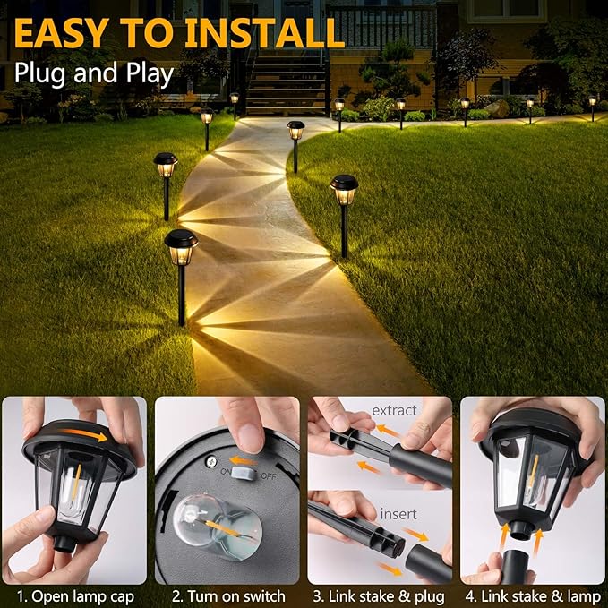 Priddop Solar Pathway Lights Outdoor 12 Pack Solar Lights Outdoor Waterproof 3000K Warm White Tungsten Filament Bulb for Yard Garden Landscape Path Driveway Lawn