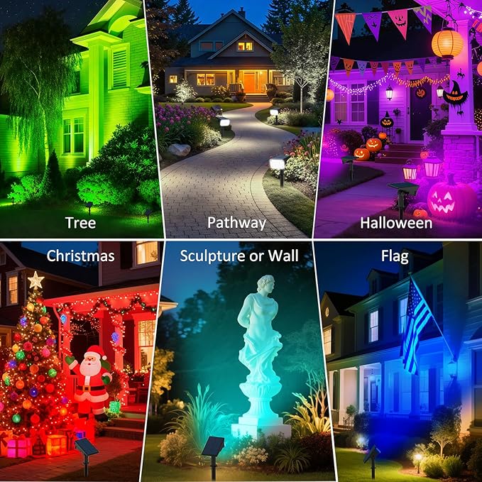 T-SUNUS Solar Spotlights Outdoor Waterproof IP65, 10 LED RGB Color Changing Landscape Lights, 7 Modes with Auto On/Off, Solar Uplights for Garden Yard Pathway Patio Christmas Halloween Decor, 6 Pack