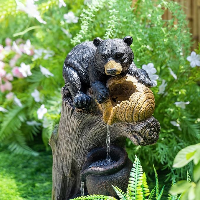 Bear Outdoor Water Fountain with LED Lights Cascading Rustic Log Garden Fountain Resin Waterfall Feature for Patio Backyard Deck Porch Yard Decor 23.6 Inch