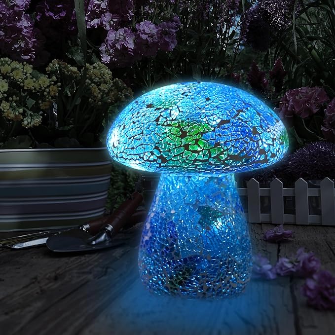 Mosaic Mushroom Garden Lights - Table Lamp Outdoor Decor Waterproof Night Light Lawn Decor Statue for Patio, Party, Yard (Blue)