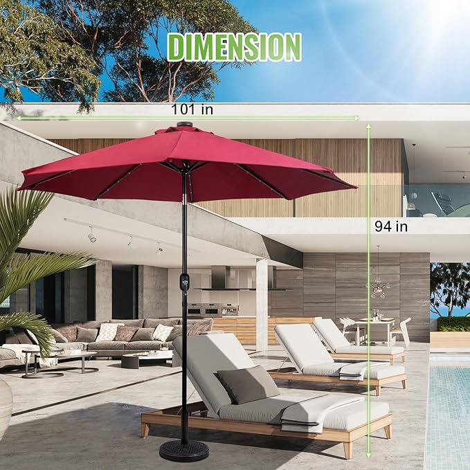 Backyard Expressions 9FT Solar Patio Umbrella with 32 LED Lights, UPF50+ UV Protection, Fade-Resistant Fabric, Easy Tilt & Crank, Outdoor Umbrella for Patio, Deck & Pool (Base Not Included)