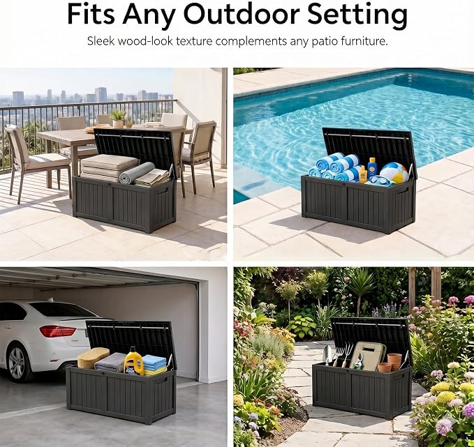 MAKINO 149 Gallon Resin Outdoor Storage Box, Waterproof Deck Box with Lockable Lid, Outside Storage Box for Patio Furniture, Pool Accessories, Garden Tools, Storage Bench for Backyard, Porch, Black