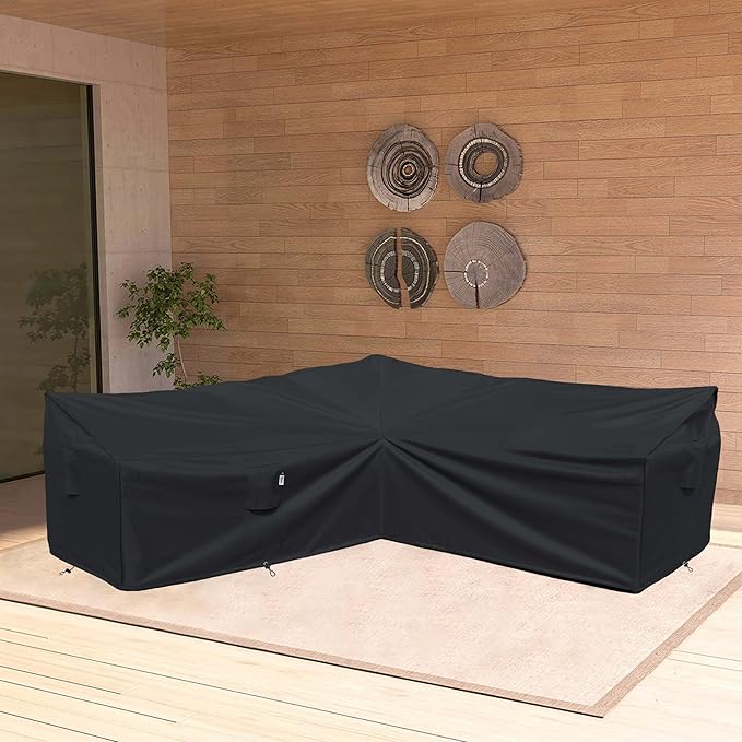 Heavy Duty Outdoor Sectional Sofa Cover, Waterproof 600D Patio Sectional Couch Protector, Lawn Patio Furniture Covers (Midnight Black, V-Shaped-90 x 90")