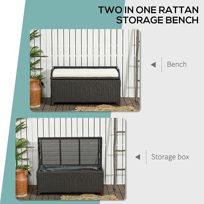 Outdoor Wicker Storage Bench Deck Box, PE Rattan Patio Furniture Pool Container Storage Bin with Interior Waterproof Bag and Comfortable Cushion, Cream White