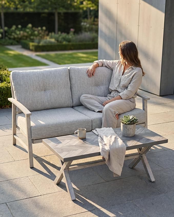 Patio Furniture Loveseat Sofa, Outdoor Aluminum Patio Couch with 5.9'' Soft Cushion, All-Weather 2 Seats Outdoor Furniture Sofa Couch for Garden, Poolside, Lawn, White Oak