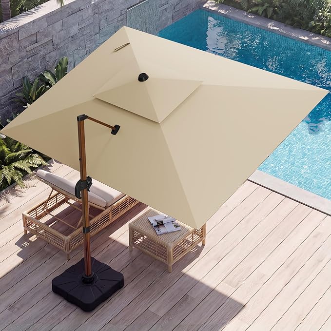 10x13 FT Wood Pattern Patio Umbrella, Large Deluxe Cantilever Rectangular Double Top Heavy Duty Offset Umbrellas with 360° Rotation, Outdoor shade for Garden Deck Pool Patio, Beige