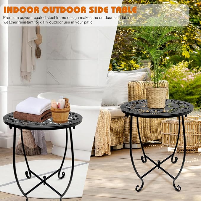 Fashion&cool 2 Pack Outdoor Side Tables, 14" Round Patio Side Table, Weather Resistant Metal Outdoor End Table Side Table for Patio Yard Porch Balcony Garden Bedside, Plant Stand for Indoor Outdoor