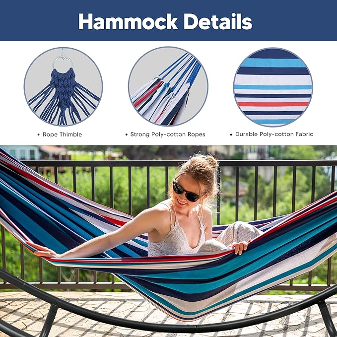 SUNCREAT 2 Person Hammock with Stand, Space Saving Free Standing Hammock with Stand Included, Patent Pending, Blue Red