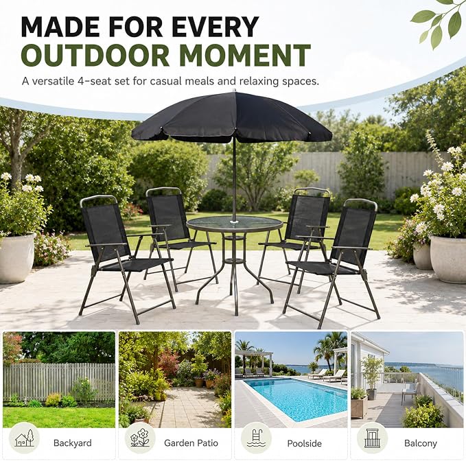 6-Piece Patio Dining Set for 4 with Umbrella, Outdoor Table and Chairs Set with 4 Folding Chairs, Round 31.5" Tempered Glass Table for Garden Backyard Poolside (Black)