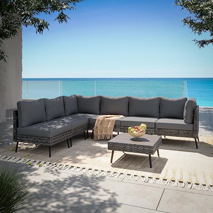 LAUSAINT HOME 7-Piece Patio Conversation Set, Modular Outdoor Sofa with Thick Cushions, All-Weather PE Rattan Sectional Seating for Garden, Backyard & Deck, Grey