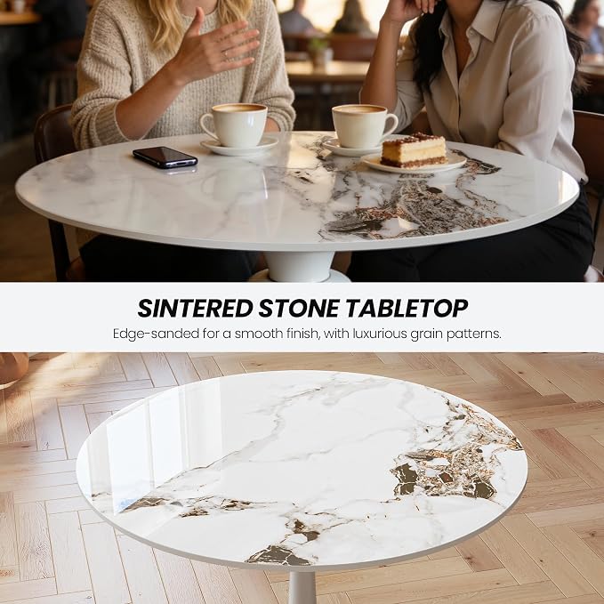 Table Top 35.4″ Round White Marble Sintered Stone - Heat Scratch Stain Resistant for Dining Office Bar Patio, Weatherproof Easy Clean