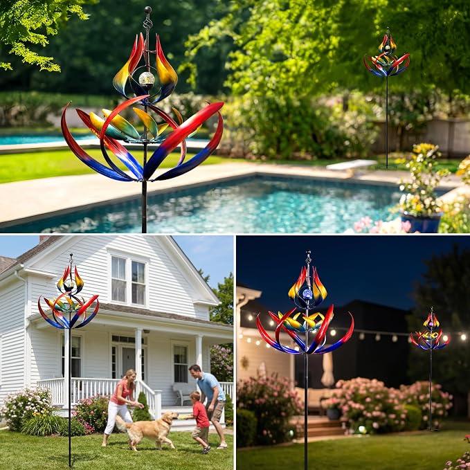 107" Large Solar Wind Spinner Outdoor Metal - 3-Tier Kinetic Wind Sculptures with LED Glass Ball Light, Multi-Color Tulip Windmills for Yard Garden Decor, Patio Porch Lawn Ornament Gardening Gifts