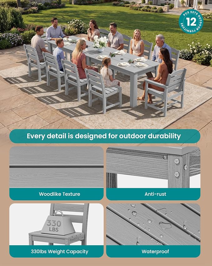 SERWALL 59" Outdoor Dining Set for 10, Light Gray | Include 2 Rectangular Tables and 8 Armrest Chairs, All Weather Dining Sets for Garden, Backyard