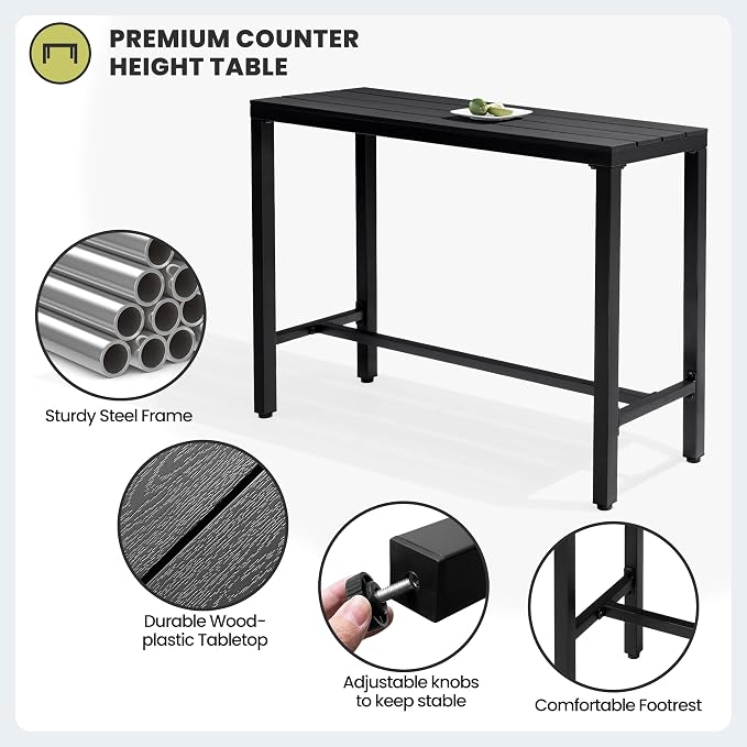Crestlive Products Outdoor Bar Table, 43'' Rectangle Patio Counter Height Table High Pub Table with Waterproof Top and Sturdy Metal Frame for Balcony, Bistro, Garden, Backyard, Hot Tub(Black)