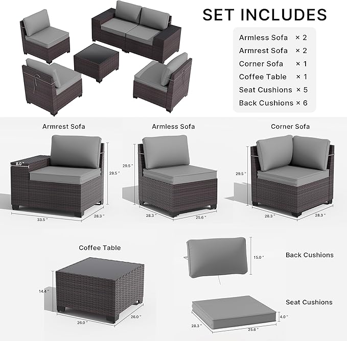 Gotland 6 Pieces Patio Furniture Set with 1 Coffee Table, 5 Seater Rattan Outdoor Sectional with Wide Armrests 29.5'' High Backrest Thick Waterproof Cushions, Conversation Sets for Deck Garden Gray