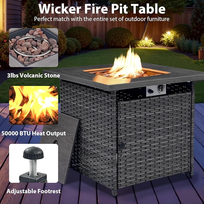 Outdoor Swivel Rocker Chairs Set of 4 with Fire Pit Table - 5 Peice Wicker Patio Furniture Set Conversation Set with 50,000 BTU Fire Pit for Deck Backyard - Grey Wicker Grey Cushion