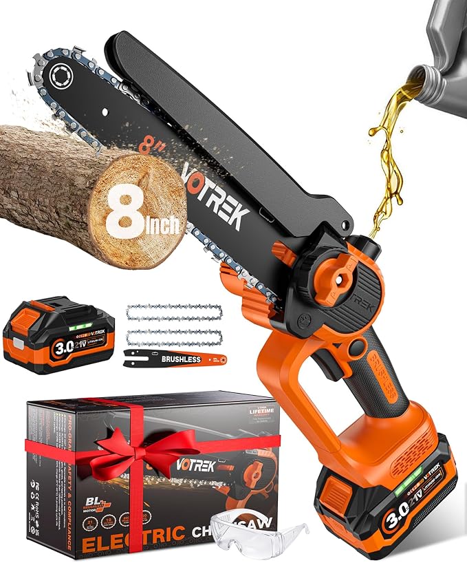 VOTREK® 8-Inch Mini Chainsaw Cordless, 3.0Ah Battery Powered Electric Chain Saw with 2 Chains, Brushless Motor, Auto Oiler, Tool-Free Tensioner for Tree Trimming and Yard Cleanup