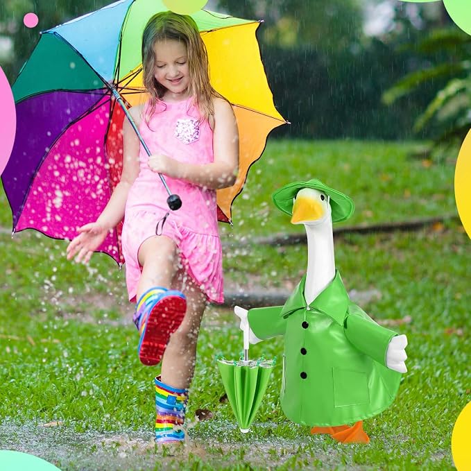 Raincoat Goose Outfit Porch Goose Summer Outfit Yard Goose Raincoat Clothes with Umbrella Hat Fits 23" Outdoor Garden Lawn Patio Geese Statue for Spring Summer Seasonal Decor(Green)