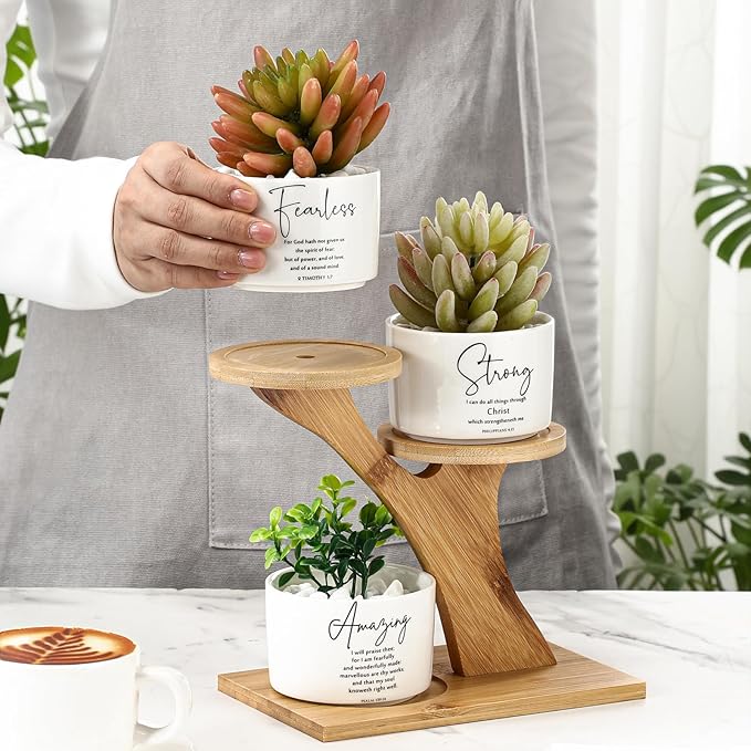 Yalikop 3 Pcs Bible Verse Succulent Pots with 3 Tier Bamboo Stand, Easy Assembly Christian Religious Gifts 3 x 2 in Inspirational Mini Ceramic Flower Planter for Mother's Father's Day Home Decor