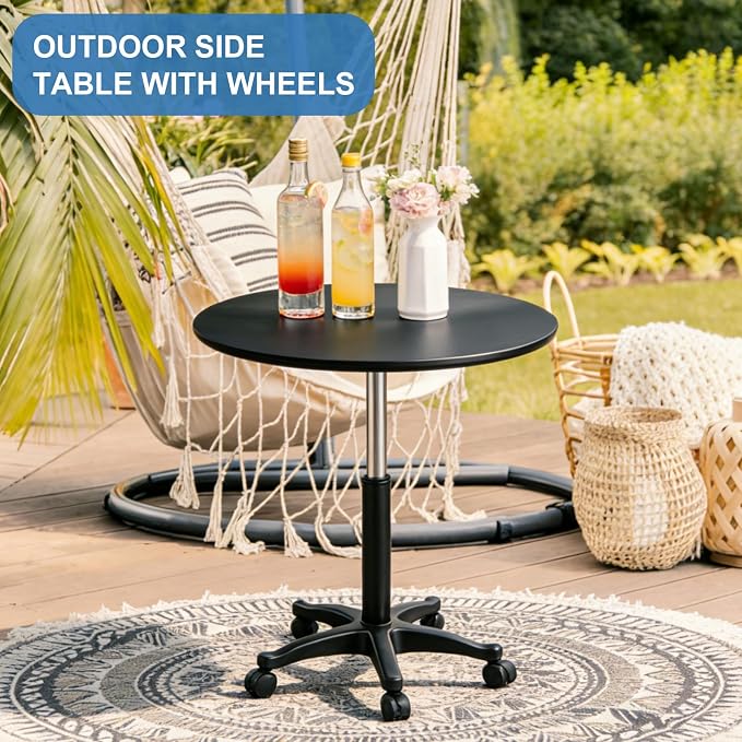 DoubleFill 23.3-31.5 Inches Height Adjustable Outdoor Cocktail Round Tables for Patio with Wheels Adjustable Tall 360°Swivel 23.7'' Round Cocktail Bar Table for Patio Pool Balcony Dining Room Party