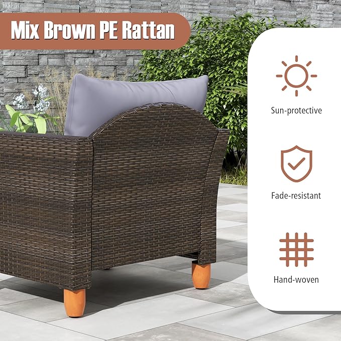 Tangkula 3-Piece Patio Furniture Set, Patiojoy Outdoor PE Wicker Bistro Set with Soft Cushions and Solid Acacia Wood, Outdoor Conversation Set with Porch, Balcony and Garden (Gray)