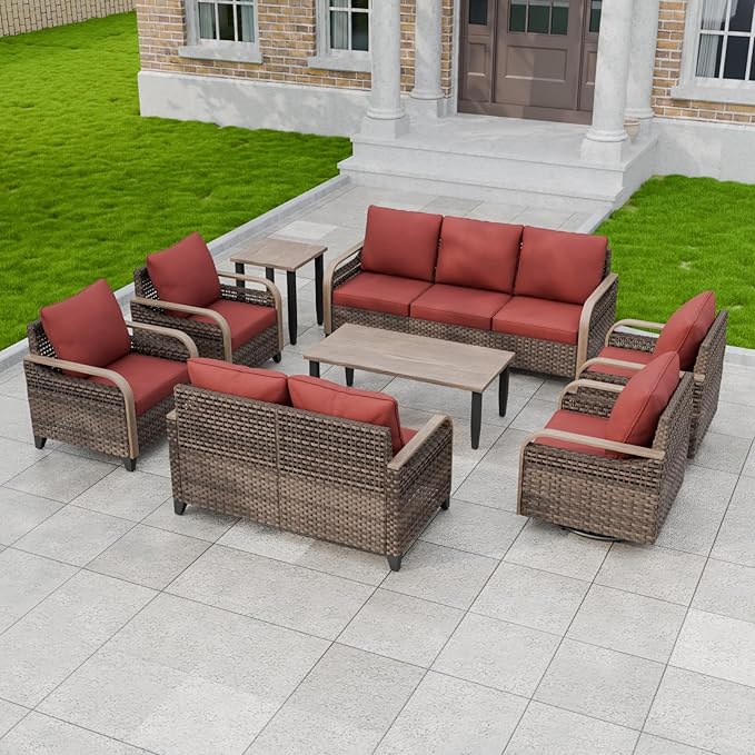 Modern Wicker Patio Furniture Set, Rattan Outdoor Conversation Set， 2 Patio Chairs, 2 Swivel Rocking Chairs, 3 Seat Couch, Loveseat, Coffee Table and Side Table, 8 Pieces, Brown/Red