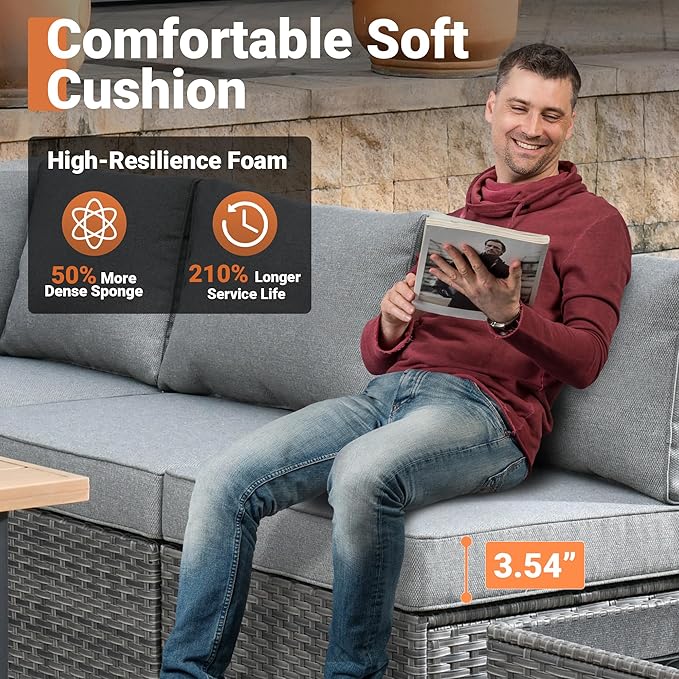 ovios Outdoor 8 Piece Patio Furniture Set with Fire Pit Table,Conversation Sectional Wicker Couch with Coffee Table,Modern Outside Sofa for Balcony Backyard, Dark Grey