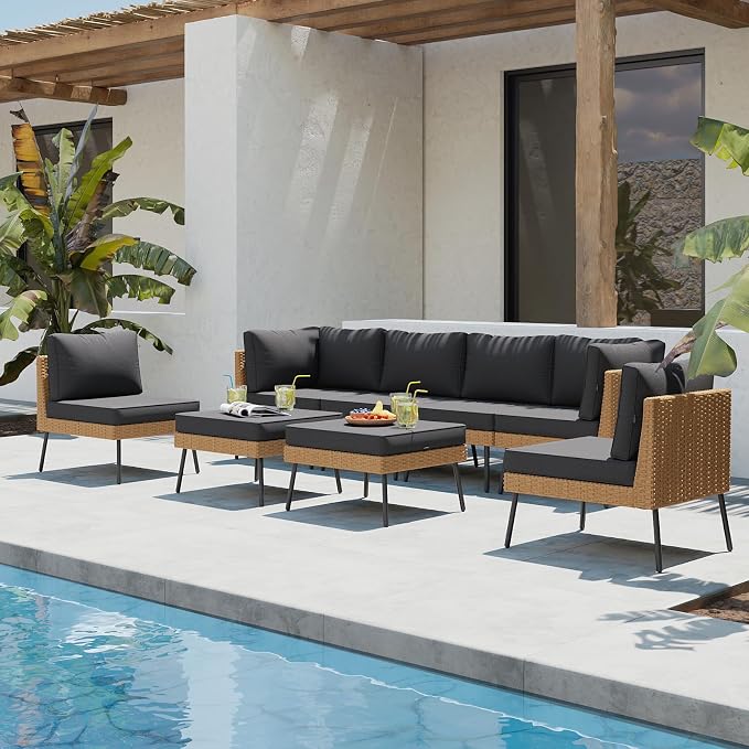 Aoxun 8 Piece Patio Furniture Set, 8 Seats Outdoor Sectional Sofas with Thick Cushion, Wicker Outdoor Patio Furniture Set with Ottomans for Party, Garden, Backyard, Black
