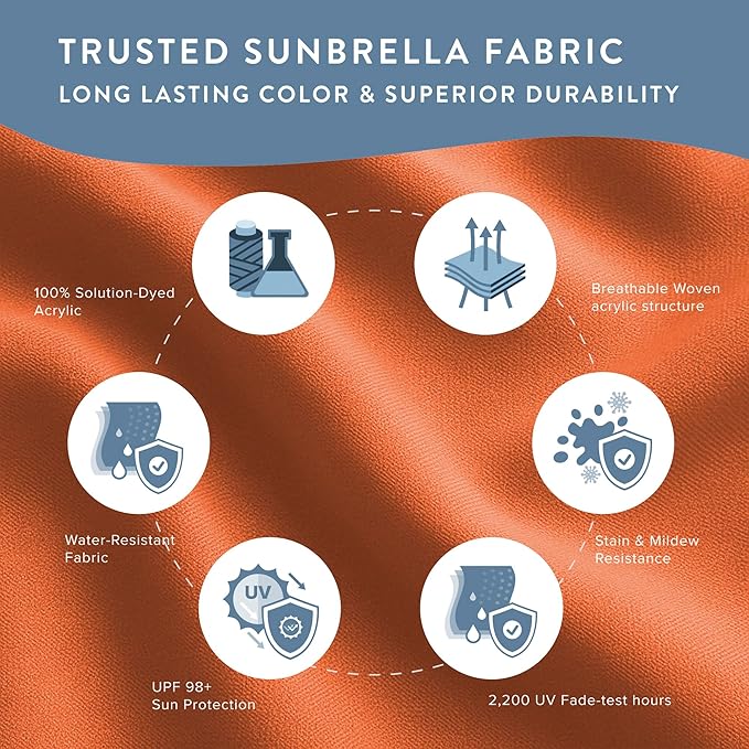 California Umbrella 12-Year Protection 9-Ft Outdoor Patio Umbrella, Sunbrella Fade-Resistant Fabric, Auto-Tilt, Heavy Duty Aluminum Frame, 8 Reinforced Ribs for Pool or Deck, White Pole, Tangerine
