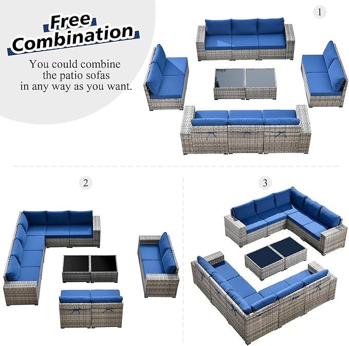 HOOOWOOO Outdoor Patio Sectional Furniture Sofa Set with Widened Armrest,12 Piece Large Modern Wicker Couch,Modular L Shaped Conversation Seating Set with Table for Out Door Garden Corner(Navy Blue)
