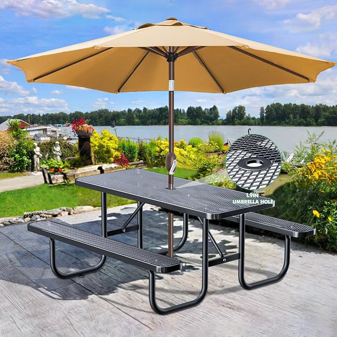 6FT Heavy Duty Picnic Table with 2 Benches, Up to 8 People Expanded Meta Outdoor Patio Dining Table with Umbrealla Hole, Outdoor Bench Set Steel Mesh Dining Furniture for Garden, Lawn, Patio