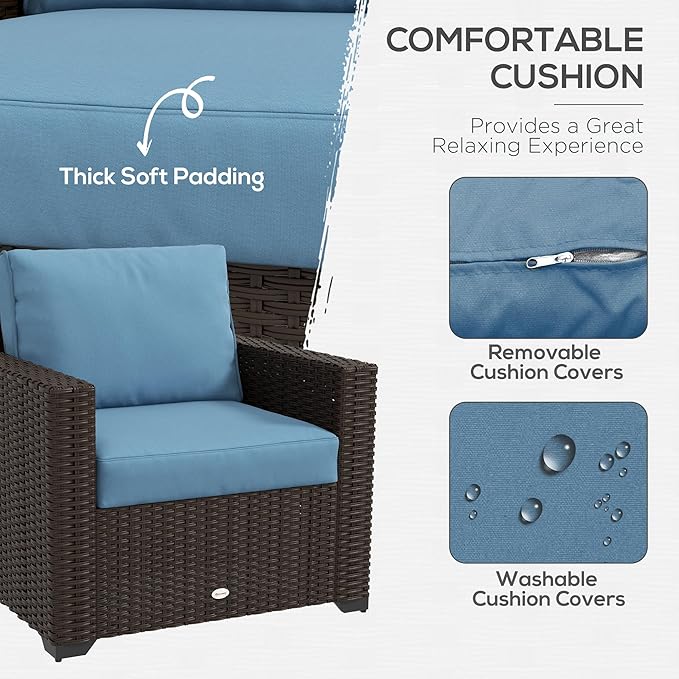 Outsunny 5 Piece Patio Furniture Set with Storage Bin Coffee Table, Wide Deep PE Rattan Wicker Outdoor Conversation Sofa Set with Cushions, Blue