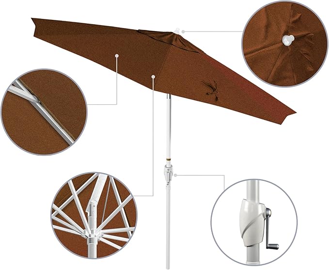 California Umbrella 12-Year Protection 9' Rd Aluminum Patio Umbrella, Crank Lift, Auto Tilt, White Finish, Sunbrella Teak
