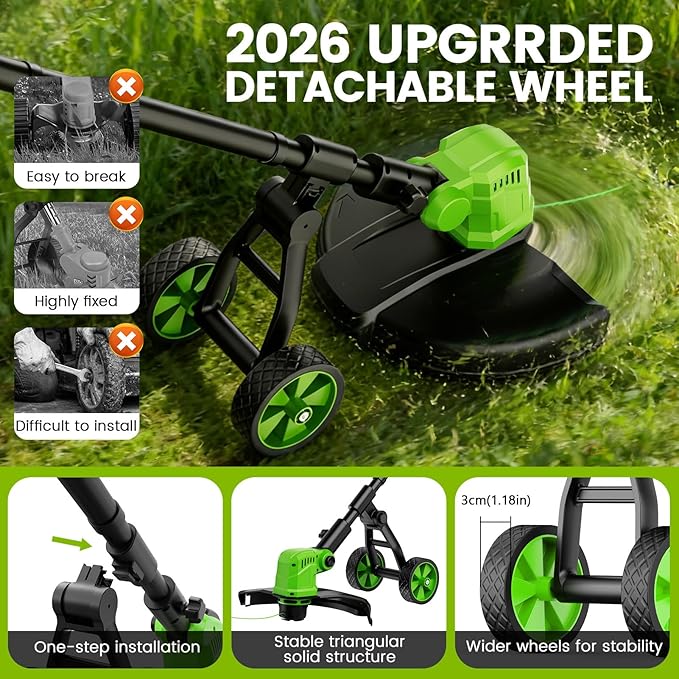 14" Electric String Trimmer Cordless Battery Powered Weed Eater with Wheel, 3-in-1 Cordless Grass Trimmer/Electric Weed Wacker/Edger, Weed Trimmer with 8 Replacement Spools for Garden, Lawn (Green)