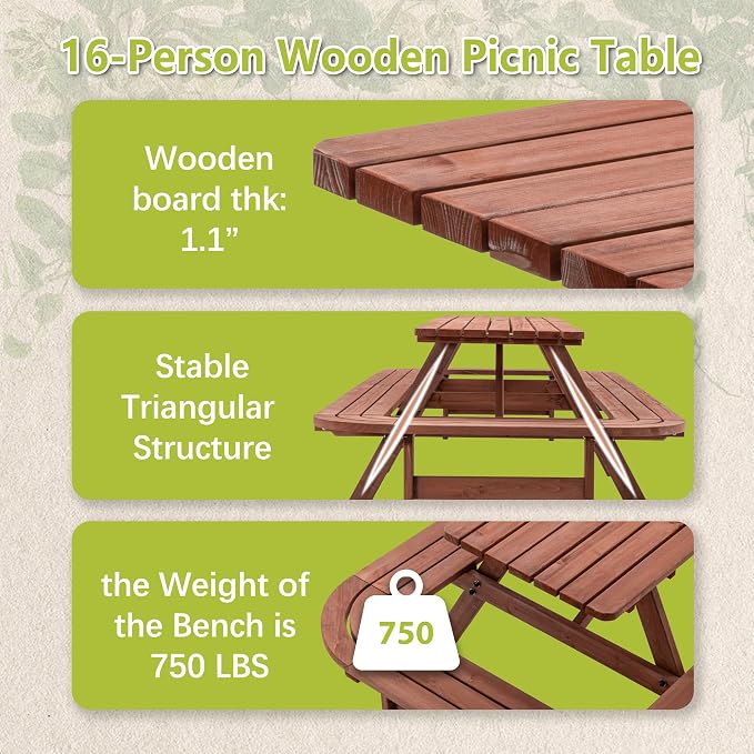 ZeHuoGe Picnic Table with Benches for 14-16 Persons, Nearly 8-Foot Long Outdoor Wooden Rectangle Table for Patio, Garden, Backyard, Large Outside Dining Set with Umbrella Hole